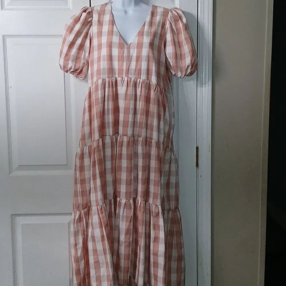 English Factory gingham Puff sleeve midi V-neck pocket dress Sz L NWOT